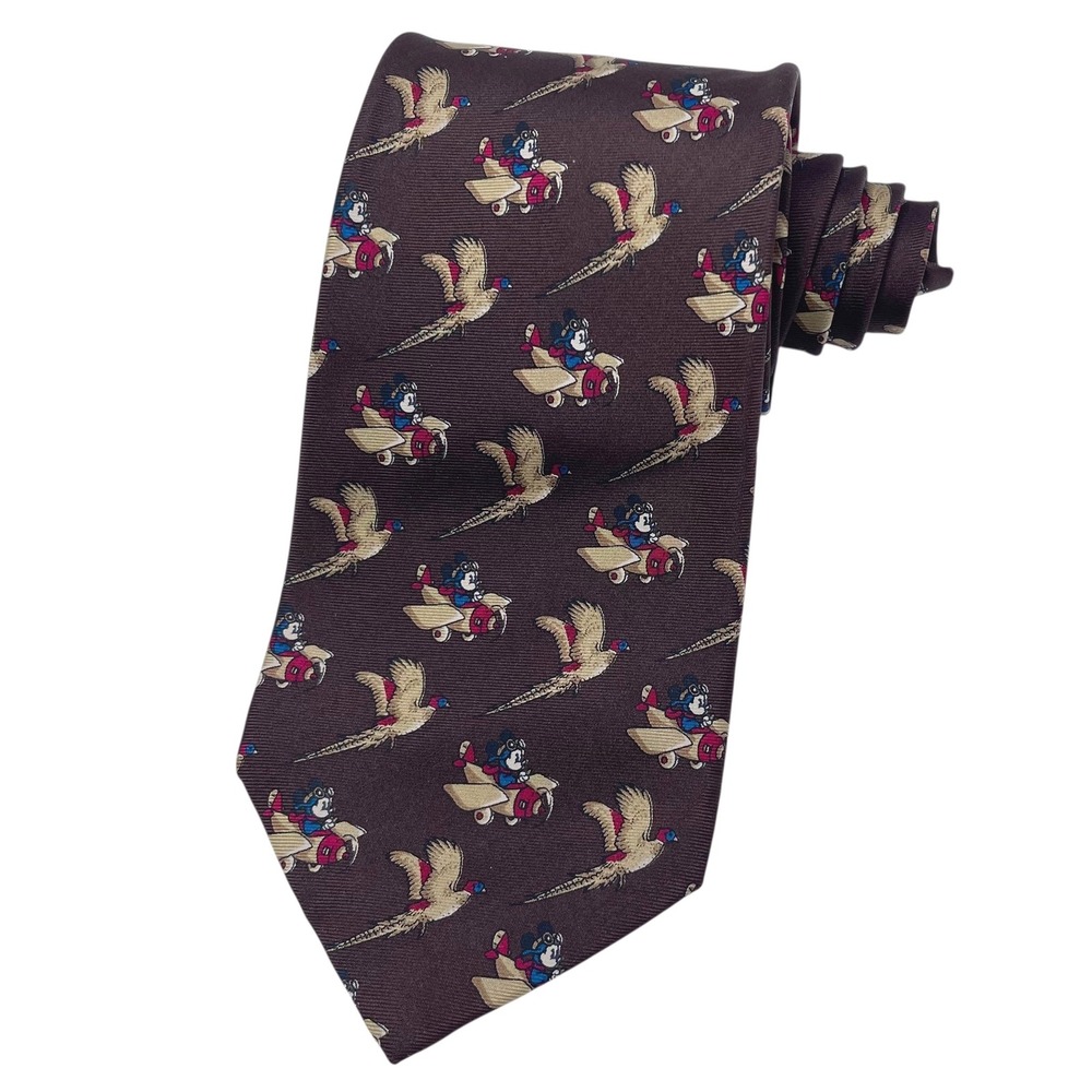 VTG Airplane Mickey Mouse & Ducks Tie‎ 100% Silk Brown Novelty Made in USA Hunt